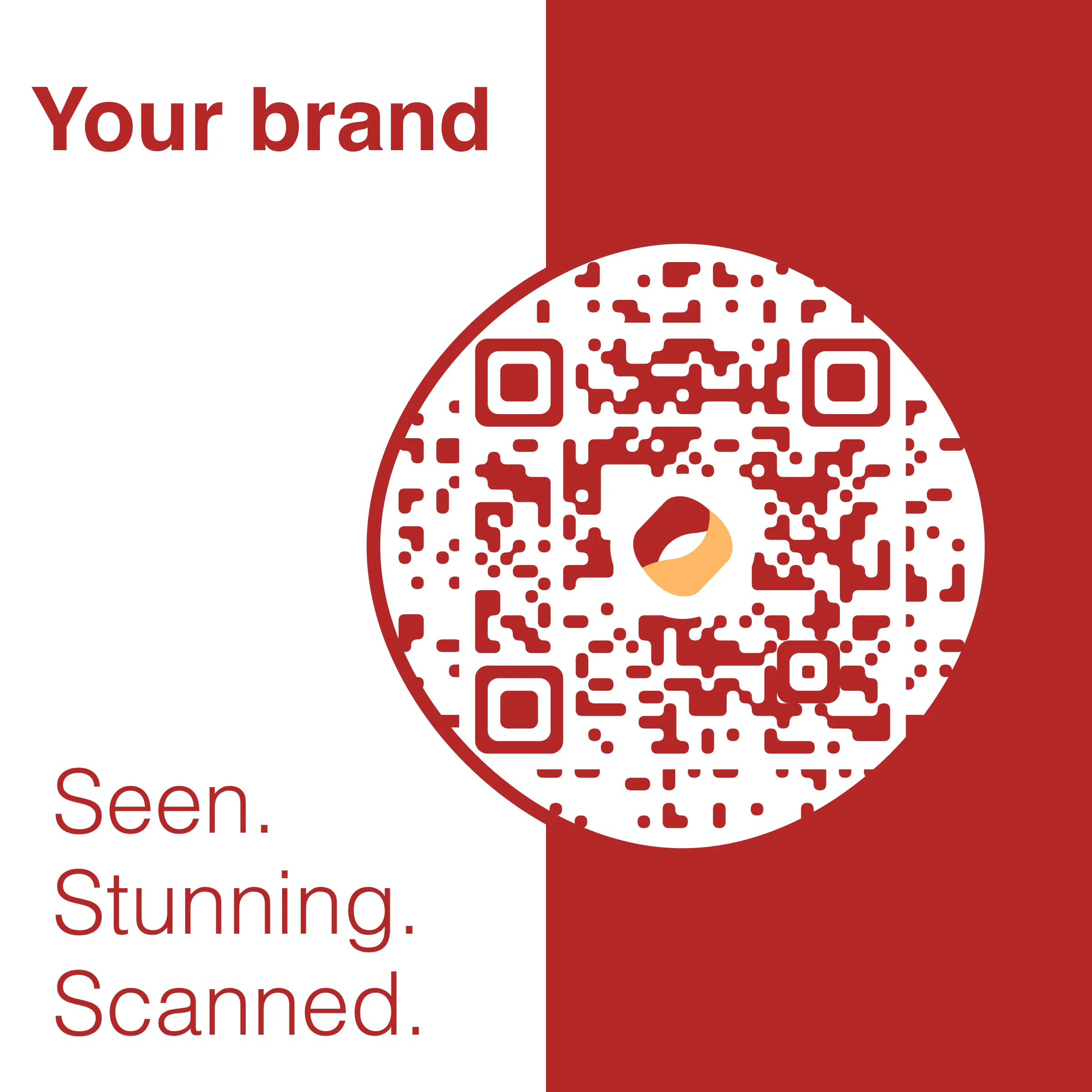 Weinroter kreisförmiger QR-Code mit zweifarbigem Logo auf zweigeteiltem Hintergrund, mit Slogan 'Seen. Stunning. Scanned.' – ideal für KMU-Anwendungen wie Visitenkarten und Menüs