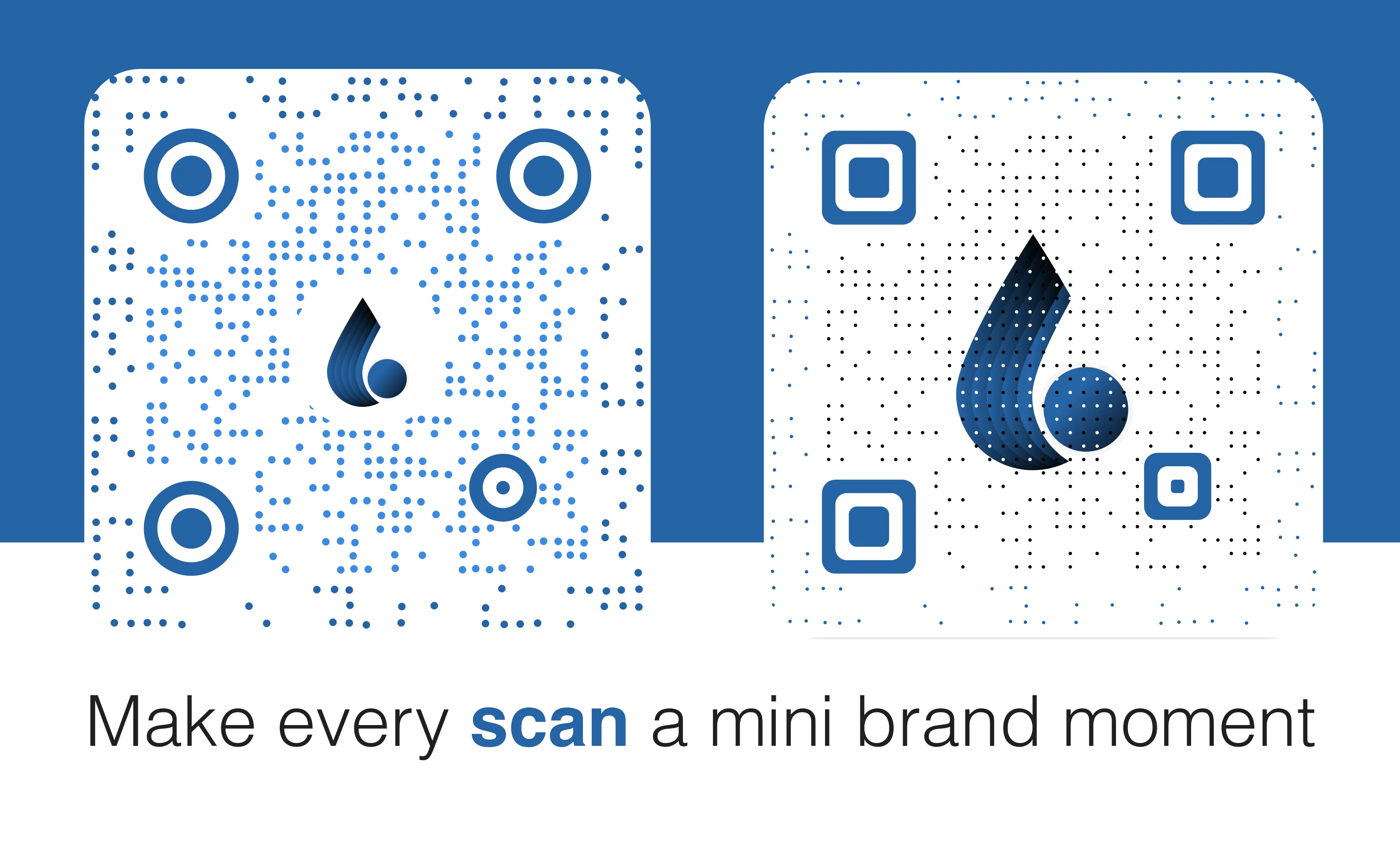 Zwei moderne blaue QR-Codes nebeneinander mit gebrandetem 3D-Logo in der Mitte, zeigen professionelle White-Label-Lösung mit Slogan 'Make every scan a mini brand moment'